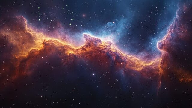 Vibrant cosmic nebula with fiery orange glow and vast starry expanse in seamless looping 4k time-lapse animation video background
