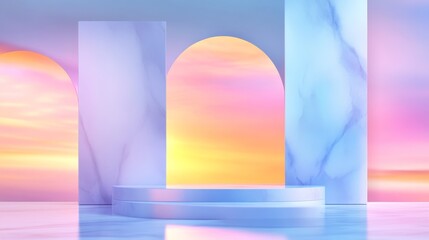 Abstract pastel backdrop with marble-like structures and a colorful sunset sky, ideal for presentations