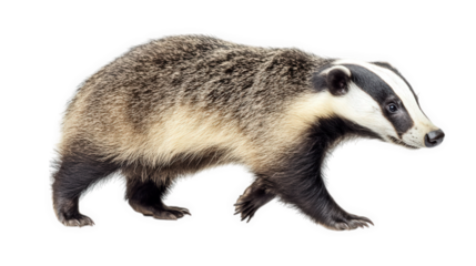 side view of a walking badger. showcasing its distinctive black and white facial markings. sturdy body. and fur texture the background is plain white. emphasizing the animal's features the purpose of