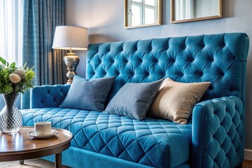 Blue Velor Headboard Bedroom Interior Design - Luxury Quilted Sofa & Pillows