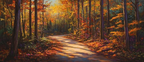 Fototapeta premium A beautiful autumn forest path illuminated by the soft light of the sun filtering through the trees