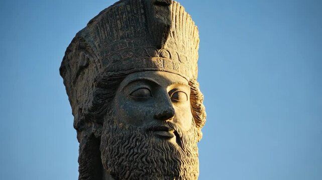 Majestic stone statue of a royal figure set against a clear blue sky in a historical location