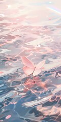 Delicate pink butterfly floating over rippling water surface with dreamy pastel reflections, perfect for wellness, meditation, or spiritual design projects.