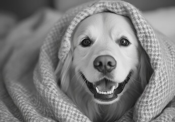 Happy Golden Retriever Smiling Under Cozy Blanket in Black and White Photographic Style, Perfect for Pet Lovers and Warmth Themes
