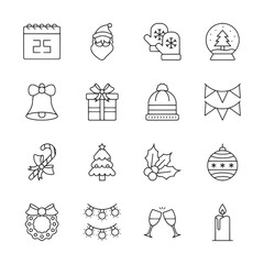 A set of Christmas icons including a bell, a tree, a snowflake, a snowman