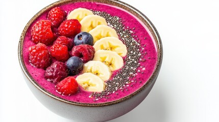 A vibrant bowl of mixed berry smoothie topped with sliced banana, chia seeds, and a drizzle of honey