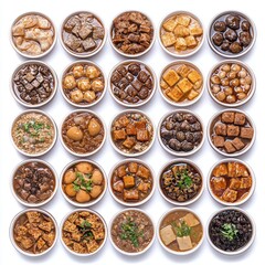 Assorted savory dishes, food photography, white background, culinary variety, recipe illustration