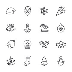 A set of Christmas icons including Santa Claus, snowflakes, bells