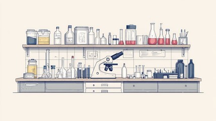 Well-organized laboratory workspace with various glassware, chemicals, and a microscope.