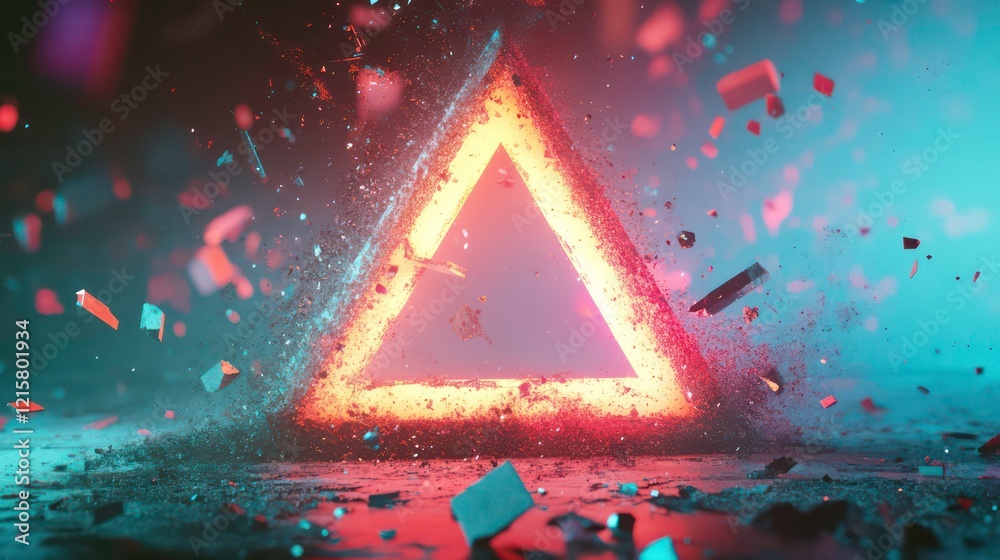 Aufkleber glowing neon triangle amidst exploding debris; vibrant red and blue hues.