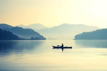 Solitary Kayaker at Dawn, Misty Mountain Lake Serenity