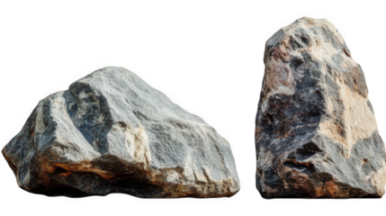 two distinct rocks. showcasing their natural textures and shapes against a white background the rocks vary in size and form. highlighting the diversity found in geological materials educational. artis