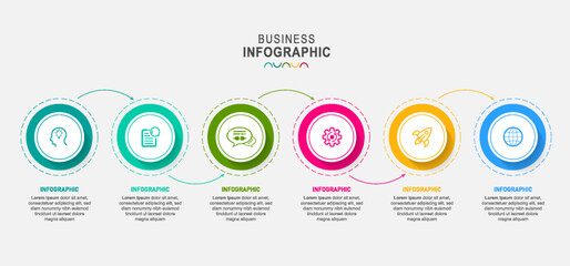 infographics timeline design template 6 icons with integrated circles background. Blank space for content, business, infographic, diagram, digital network, flowchart, process