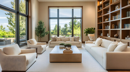 Fototapeta premium Contemporary living room with large windows and stylish decor.