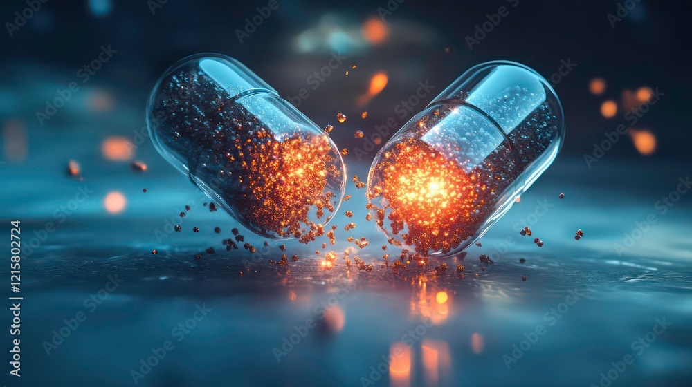 Aufkleber two transparent capsules releasing glowing particles.