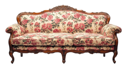 n ornate vintage sofa with a floral pattern. showcasing intricate wooden detailing and a plush. inviting design this piece serves as both functional seating and a decorative element in interior spaces
