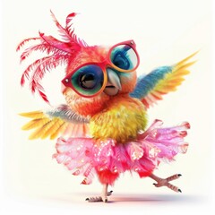 Fototapeta premium Cute parrot dancing in a pink tutu with sunglasses in a whimsical setting