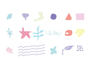 Set of hand drawn various abstract shapes doodles and plants vector illustration on transparent background