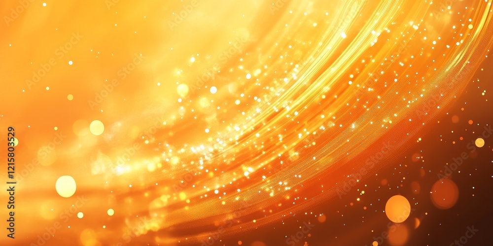 Poster golden abstract background with glowing particles and light streaks.