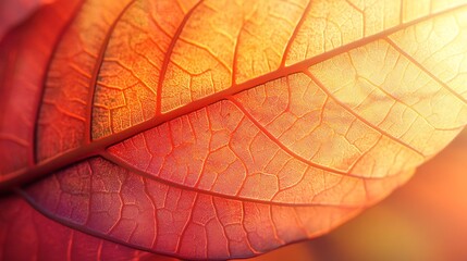 Close-up of a vibrant red autumn leaf, showcasing intricate veins and translucent texture illuminated by sunlight.