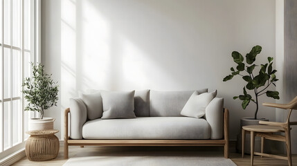 Fototapeta premium Light-filled living room with a bright sofa, wooden table, and plants surrounding the space.