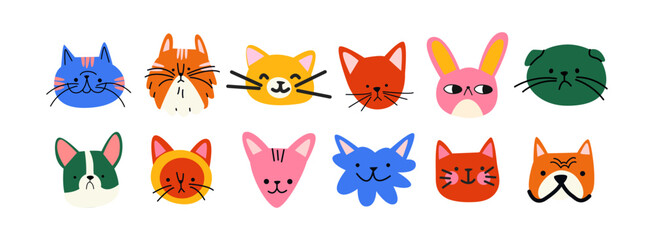 Cartoon retro animal pets heads. Dogs and cats in doodle groovy style. Set of icon avatars	
