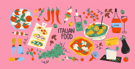Italian food set, ingredients. Cartoon doodle stickers of traditional products: olive oil, tomatoes, mozzarella, pizza, cheese, pasta. Vector retro groovy food set
