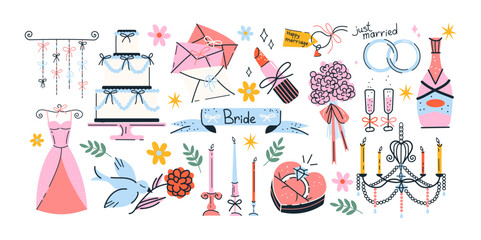 Cartoon wedding stickers. Marriage proposals, wedding decorations, engagement rings, romantic patches, gifts, bouquets and invitation cards. Set of trendy shapes in retro doodle style of the 90s