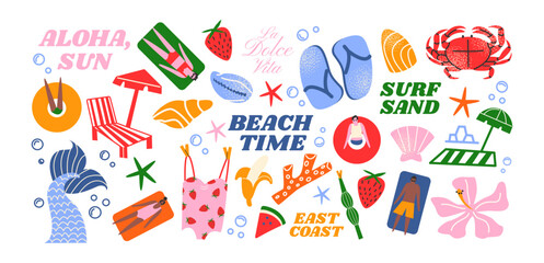 Cartoon summer stickers in retro 90s style. Summer party, vacation, beach season, shore, sun, swimwear. Bright groovy funky summer elements and shapes. Sticker pack of patches, labels, stamps,