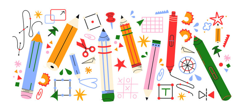 Cartoon back to school stickers in the 90s style. Stationery retro elements, pens, pencils, office, study. Groovy school supplies, lessons, university. Trendy bright vector set