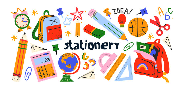 Cartoon back to school stickers in the 90s style. Stationery retro elements, office, study. Groovy characters students, school supplies, lessons, university. Trendy bright vector set