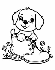 Fototapeta premium Puppy in a Shoe: A cheerful puppy sits in a big shoe with small flowers growing around it. coloring book, page for children
