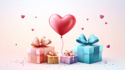 Heart balloon with gift boxes, Valentine's Day.