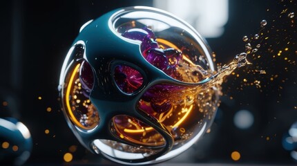 A futuristic metallic sphere with glowing orange liquid inside is encased in a perforated shell. The dynamic splash effect enhances the sci-fi and surreal composition.