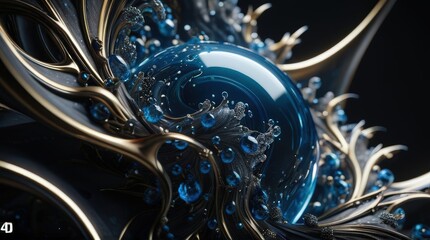 A central glowing blue sphere surrounded by intricate metallic structures and smaller droplets. The sci-fi-inspired design gives a sense of futuristic luxury and elegance.