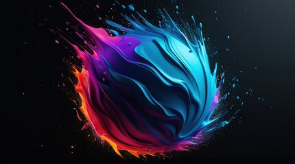 A dynamic abstract sphere with vibrant swirls of blue, purple, and orange, accented by splashes and smooth textures. The glowing design radiates energy and creativity on a dark background.