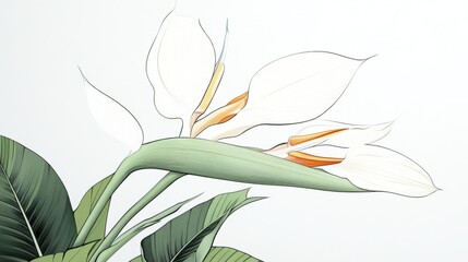 Elegant white bird of paradise flower with green leaves against a light background