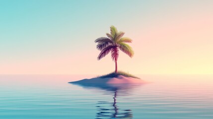 Fototapeta premium Solitary palm tree on a small island at sunset.
