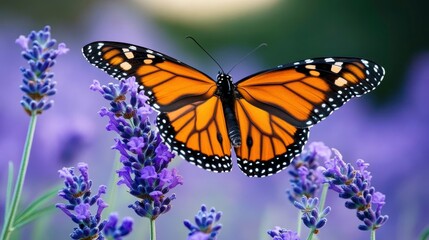 Fototapeta premium Vibrant Monarch Butterfly Resting on Lavender Flowers with a Soft Focus Background, Capturing the Beauty of Nature and Pollination in a Serene Setting