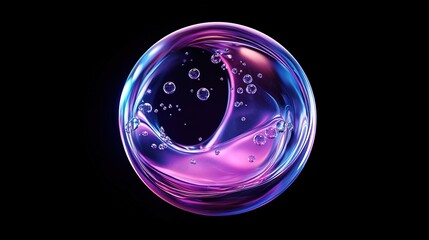 Molecules inside a liquid bubble. Transparent liquid collagen or essence bubble. The influence of fluids flowing dynamically. 3D paint splashes, bubbles and water drops. Modern trendy liquid poster
