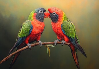 Obraz premium Two Colorful Parrots Engaged in Affectionate Behavior on a Branch Amidst a Natural Colorful Background