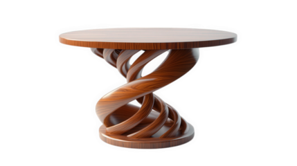 a stylish wooden table with a unique spiral base. combining artistic design and functionality its smooth. polished surface and intricate structure suggest it serves as a modern piece of furniture suit