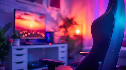 Modern gaming setup with neon lighting in pink and blue colors creating atmospheric cyberpunk mood. Computer desk with monitor and gaming chair perfect for streaming and esports background.
