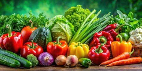 Fresh Vegetables Displayed on a Vibrant Green Background - Organic Produce, Healthy Eating, Farm Fresh, Colorful Ingredients, Nature's Bounty, 