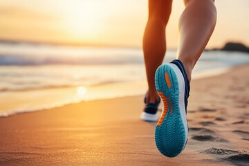 Sunset Beach Run: Close-up of Runner's Feet in Teal Sneakers