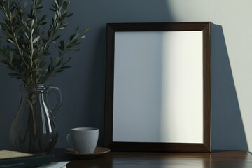 Blank frame mockup on wooden table with coffee cup, vase, and book.