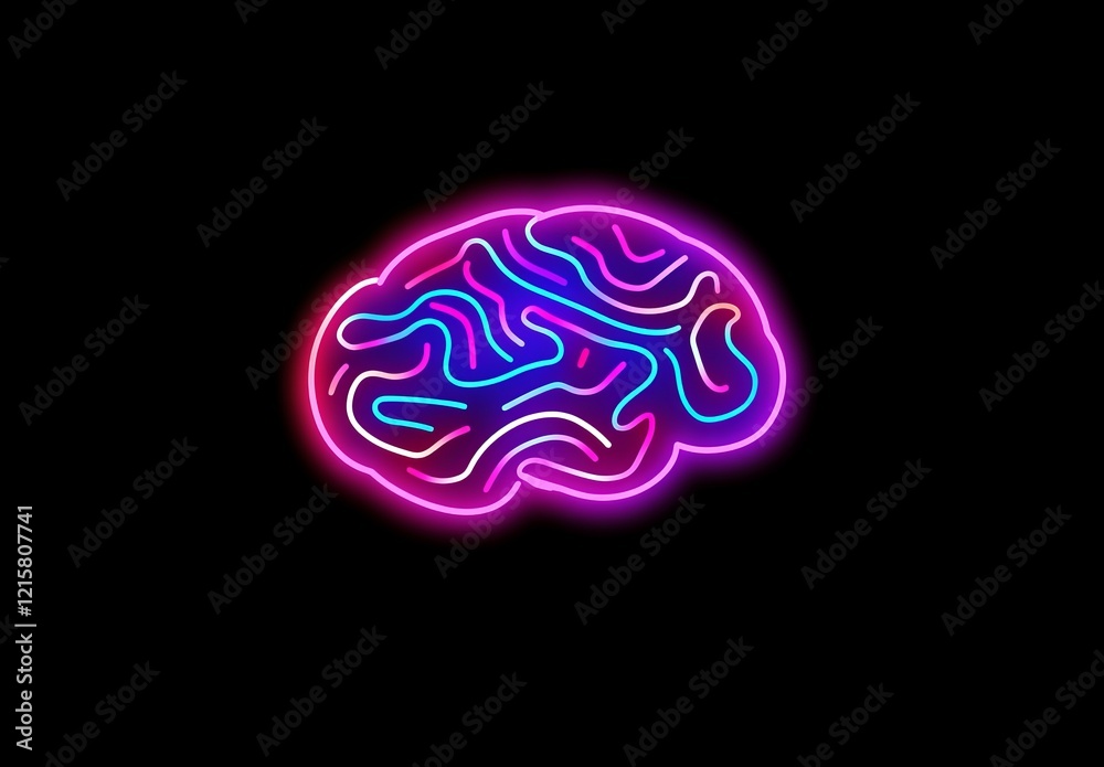 Poster neon brain outline with colorful lines on black background.