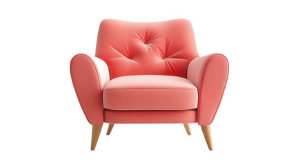 stylish coral-colored armchair with a tufted backrest and rounded arms. resting on wooden legs the design is modern and inviting. making it suitable for various living spaces. enhancing comfort and ae