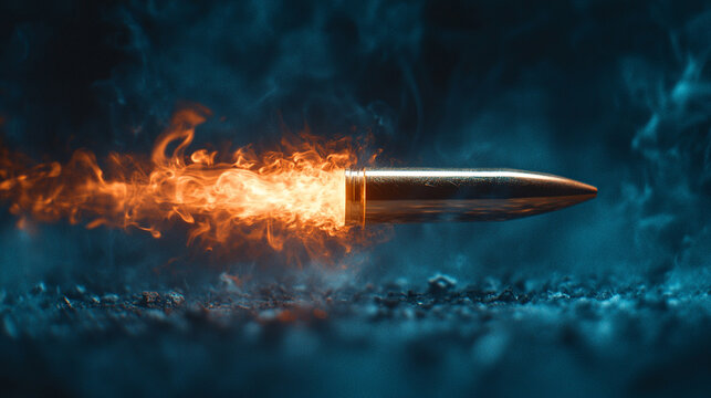 A shiny new slick bullet in mid-flight leaving a dramatic trail of smoke, conveying speed, power, and impact in an empty blue backdrop, emphasizing motion, precision, and minimalism

