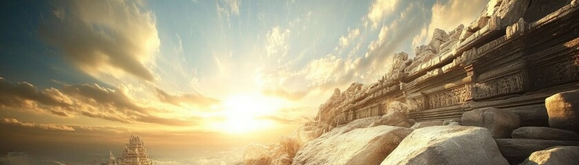 Ancient ruins sunset, mountaintop temple, cloudscape background. Travel website